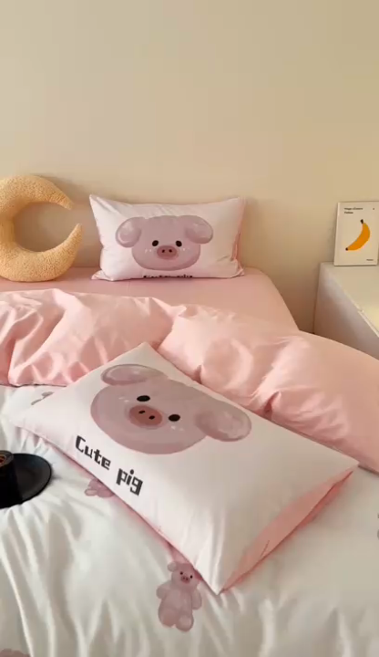 91家纺网 家纺一手货源 找家纺 美乐迪家纺 2024ins韩风全棉四件套 可爱猪