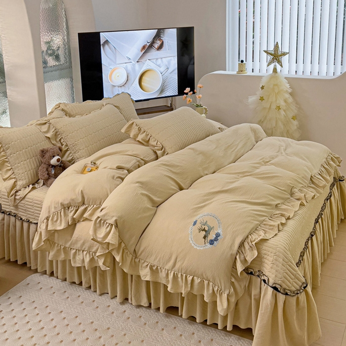 91家纺网 家纺一手货源 找家纺 言熙居家纺 2024新款亲肤床盖四件套-浪漫之约 浪漫之约卡其