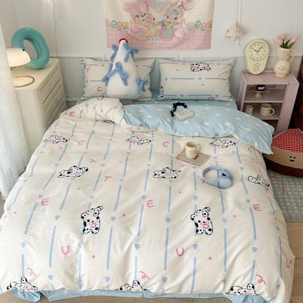 昔可家纺 2024开春新款全棉印花卡通四件套 蓝条斑点狗
