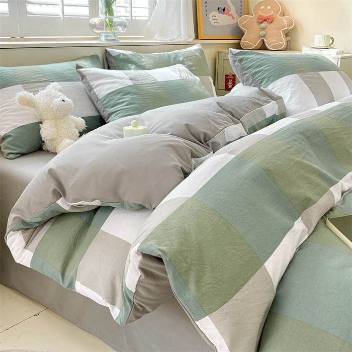 91家纺网 家纺一手货源 找家纺 盛秋家纺 2025新款亲肤格子水洗棉四件套 绿大格+明灰