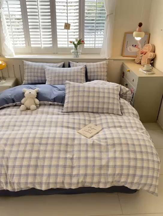 91家纺网 家纺一手货源 找家纺 盛秋家纺 2025新款亲肤格子水洗棉四件套 保罗+中灰