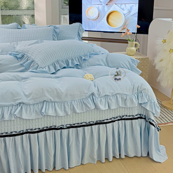 91家纺网 家纺一手货源 找家纺 言熙居家纺 2024新款亲肤床盖四件套-浪漫之约 浪漫之约天蓝