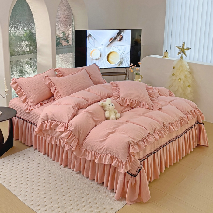 91家纺网 家纺一手货源 找家纺 言熙居家纺 2024新款亲肤床盖四件套-浪漫之约 浪漫之约浅粉