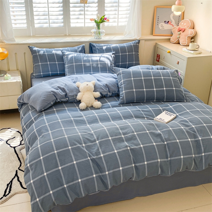 91家纺网 家纺一手货源 找家纺 （总）盛秋家纺 2025新款亲肤格子水洗棉条纹格子四件套【简约风】