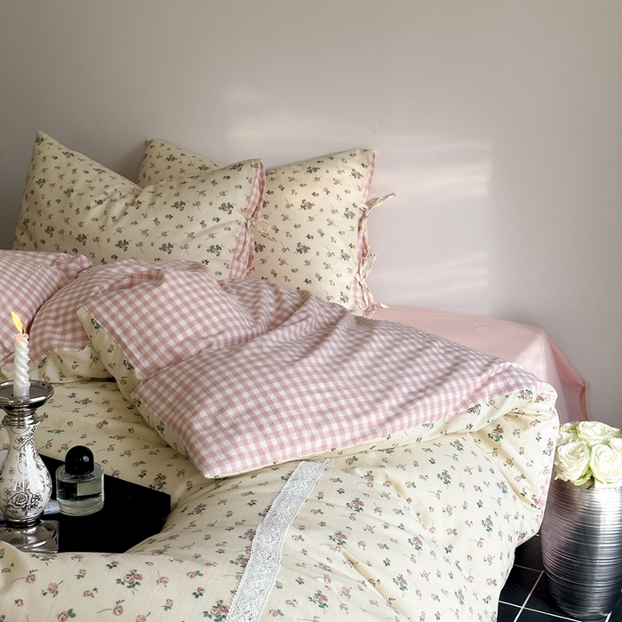 91家纺网 家纺一手货源 找家纺 旷野 2024双层纱碎花蕾丝拼接款四件套--柏林花事 柏林花事-粉