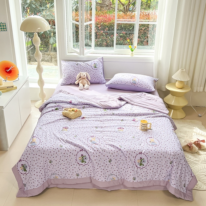 91家纺网 家纺一手货源 找家纺 安哆啦家纺 2024新款A类泡泡棉印花夏被四件套 庄园兔