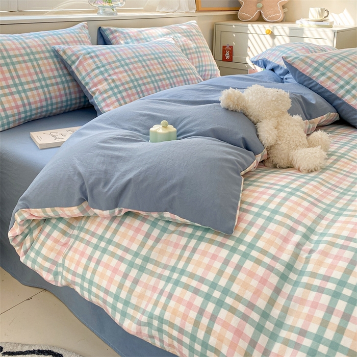 91家纺网 家纺一手货源 找家纺 盛秋家纺 2025新款亲肤格子水洗棉四件套 朵拉+海清