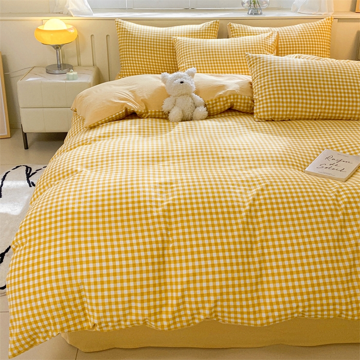 91家纺网 家纺一手货源 找家纺 盛秋家纺 2025新款亲肤格子水洗棉四件套 黄小格+云初黄