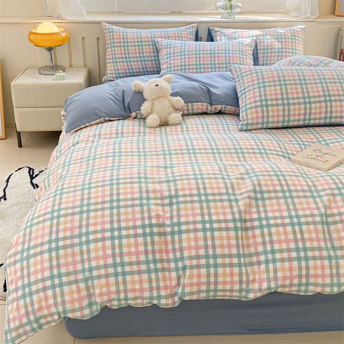 91家纺网 家纺一手货源 找家纺 盛秋家纺 2025新款亲肤格子水洗棉四件套 朵拉+海清