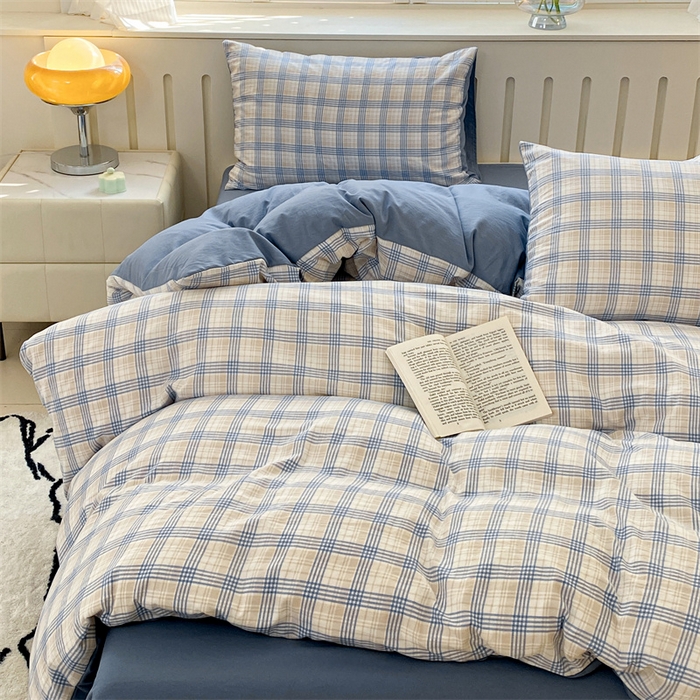 91家纺网 家纺一手货源 找家纺 盛秋家纺 2025新款亲肤格子水洗棉四件套 博克+蓝灰