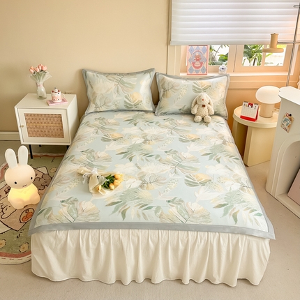 91家纺网 家纺一手货源 找家纺 懒猫家纺 宽边凉感丝凉席夏被四件套 一叶知秋
