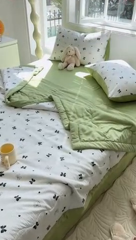 91家纺网 家纺一手货源 找家纺 安哆啦家纺 2024新款A类泡泡棉印花夏被四件套 蝴蝶结