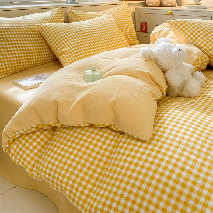 91家纺网 家纺一手货源 找家纺 盛秋家纺 2025新款亲肤格子水洗棉四件套 黄小格+云初黄