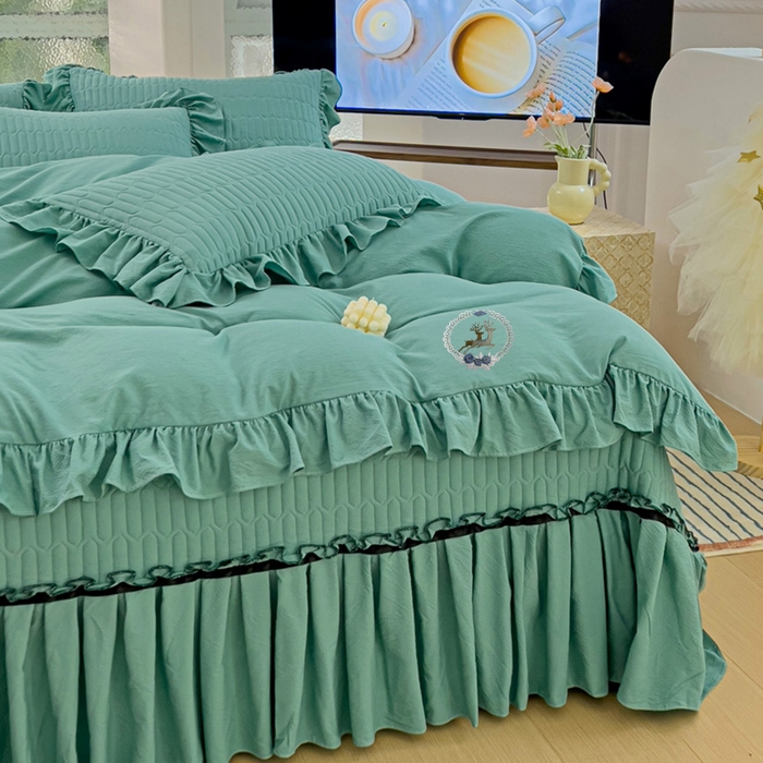 91家纺网 家纺一手货源 找家纺 言熙居家纺 2024新款亲肤床盖四件套-浪漫之约 浪漫之约宝石蓝