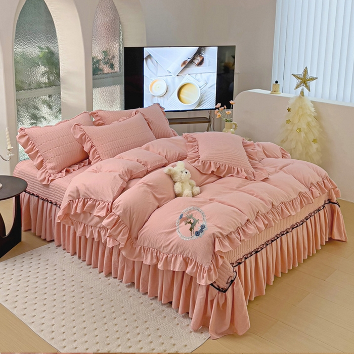 91家纺网 家纺一手货源 找家纺 言熙居家纺 2024新款亲肤床盖四件套-浪漫之约 浪漫之约浅粉