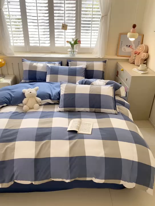 91家纺网 家纺一手货源 找家纺 盛秋家纺 2025新款亲肤格子水洗棉四件套 蓝大格+宾利蓝