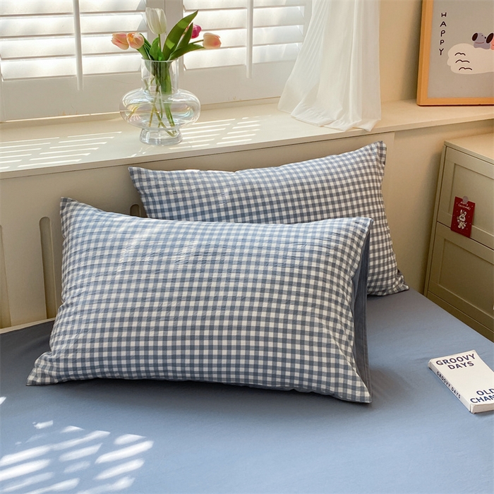 91家纺网 家纺一手货源 找家纺 盛秋家纺 2025新款亲肤格子水洗棉四件套 蓝小格+蓝灰