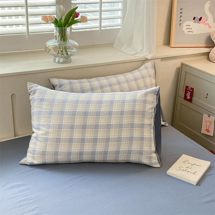 91家纺网 家纺一手货源 找家纺 盛秋家纺 2025新款亲肤格子水洗棉四件套 博克+蓝灰