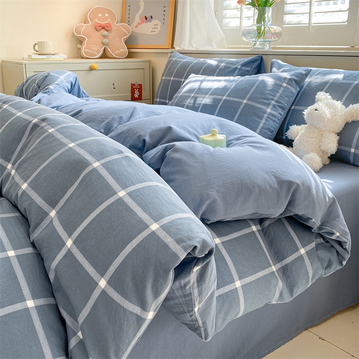 91家纺网 家纺一手货源 找家纺 盛秋家纺 2025新款亲肤格子水洗棉四件套 灰大格+蓝灰