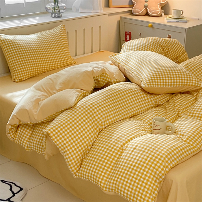 91家纺网 家纺一手货源 找家纺 盛秋家纺 2025新款亲肤格子水洗棉四件套 黄小格+云初黄
