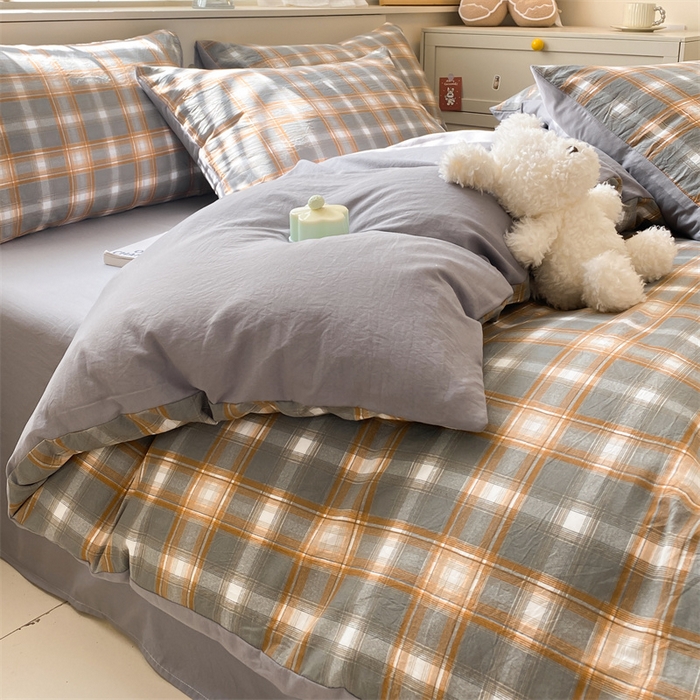 91家纺网 家纺一手货源 找家纺 盛秋家纺 2025新款亲肤格子水洗棉四件套 洛卡+中灰