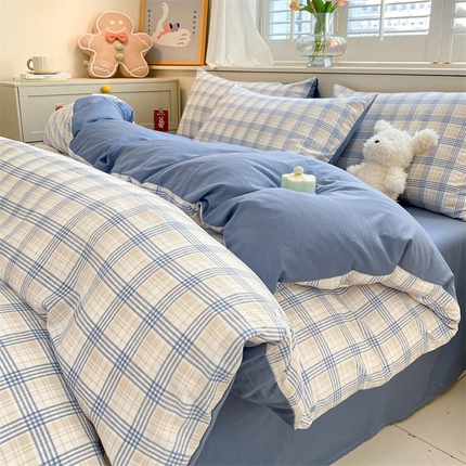 盛秋家纺 2025新款亲肤格子水洗棉四件套 博克+蓝灰