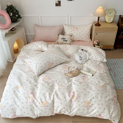 昔可家纺 2024开春新款全棉印花卡通四件套 天鹅玫瑰