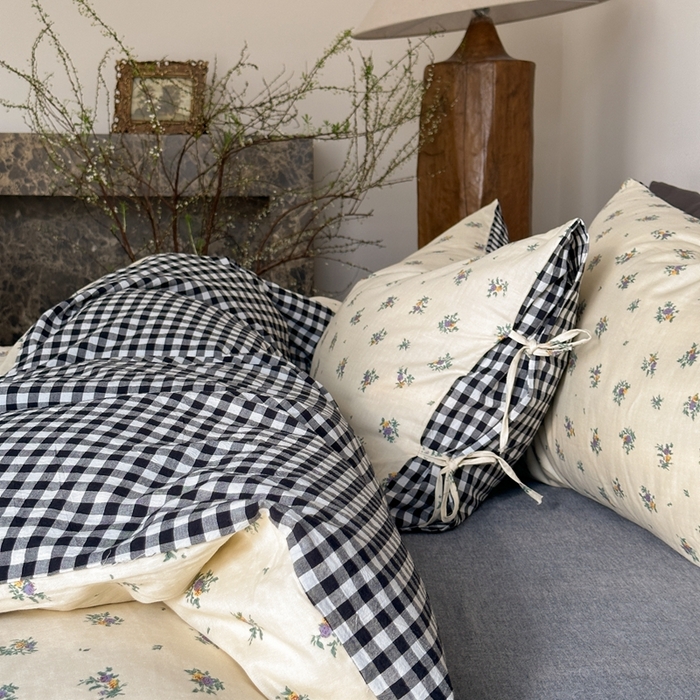 91家纺网 家纺一手货源 找家纺 旷野 2024双层纱碎花蕾丝拼接款四件套--柏林花事 柏林花事-黑