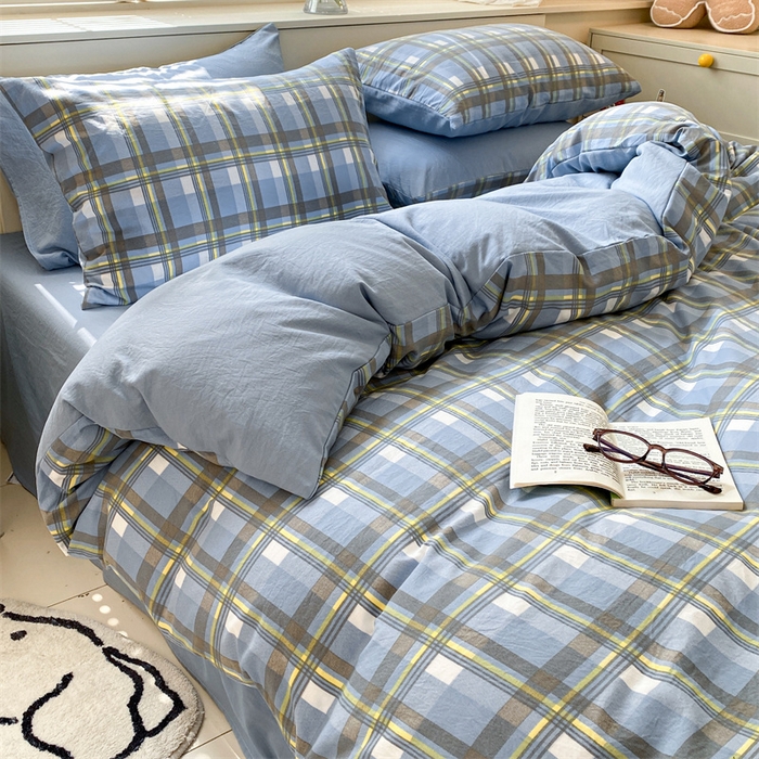 91家纺网 家纺一手货源 找家纺 盛秋家纺 2025新款亲肤格子水洗棉四件套 简约+海清