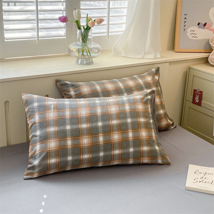 91家纺网 家纺一手货源 找家纺 盛秋家纺 2025新款亲肤格子水洗棉四件套 洛卡+中灰