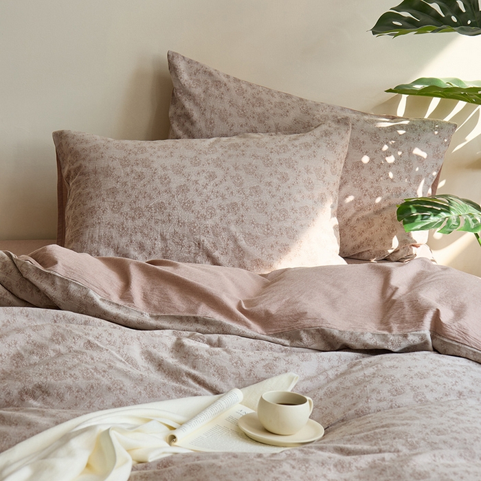 91家纺网 家纺一手货源 找家纺 原研家居 2024新款水洗棉提花系列四件套 繁花-咖