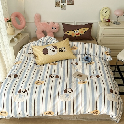 昔可家纺 2024新款全棉卡通大版印花四件套 蓝条小修狗