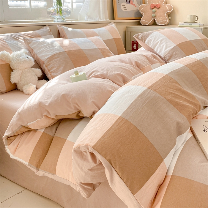 91家纺网 家纺一手货源 找家纺 盛秋家纺 2025新款亲肤格子水洗棉四件套 咖大格+奶茶