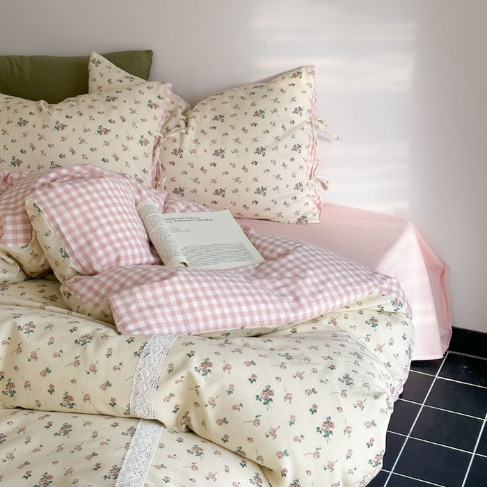 91家纺网 家纺一手货源 找家纺 旷野 2024双层纱碎花蕾丝拼接款四件套--柏林花事 柏林花事-粉