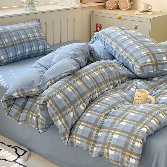 91家纺网 家纺一手货源 找家纺 盛秋家纺 2025新款亲肤格子水洗棉四件套 简约+海清