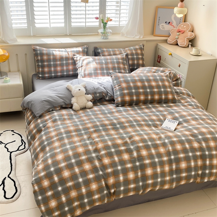 91家纺网 家纺一手货源 找家纺 盛秋家纺 2025新款亲肤格子水洗棉四件套 洛卡+中灰