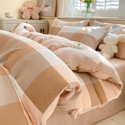 盛秋家纺 2025新款亲肤格子水洗棉四件套 咖大格+奶茶