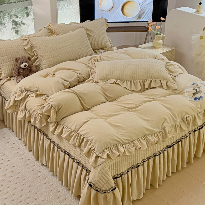 91家纺网 家纺一手货源 找家纺 言熙居家纺 2024新款亲肤床盖四件套-浪漫之约 浪漫之约卡其