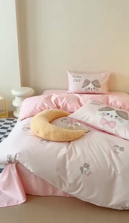 91家纺网 家纺一手货源 找家纺 美乐迪家纺 2024ins韩风全棉四件套 可爱猫咪