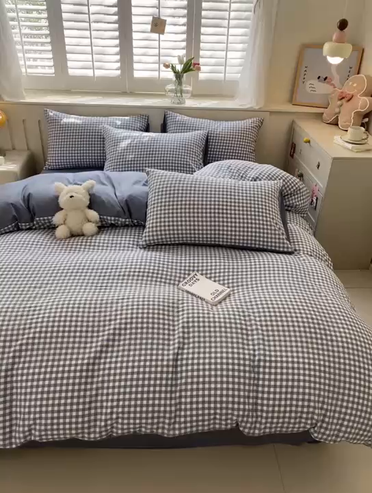 91家纺网 家纺一手货源 找家纺 盛秋家纺 2025新款亲肤格子水洗棉四件套 蓝小格+蓝灰
