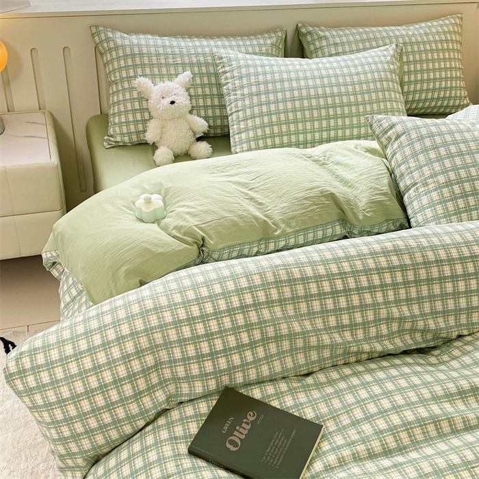 91家纺网 家纺一手货源 找家纺 盛秋家纺 2025新款亲肤格子水洗棉四件套 抹茶+果绿