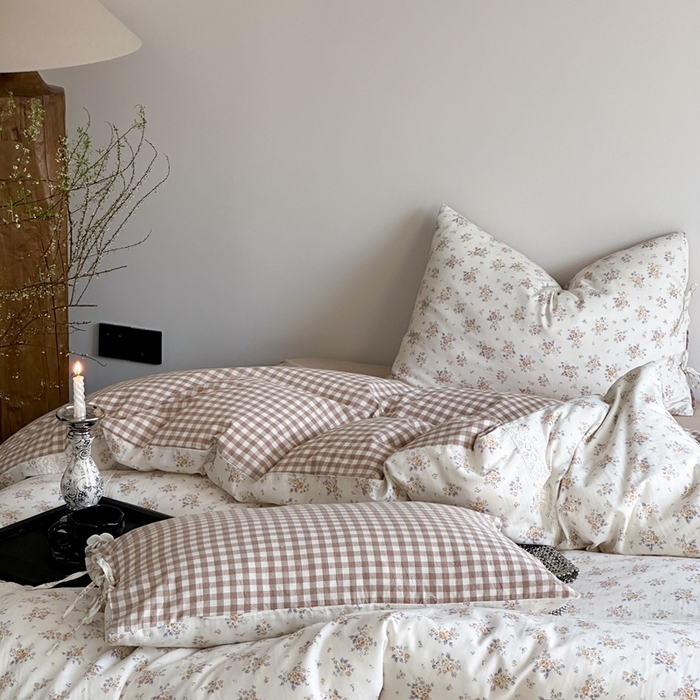 91家纺网 家纺一手货源 找家纺 旷野 2024双层纱碎花蕾丝拼接款四件套--柏林花事 柏林花事-奶咖