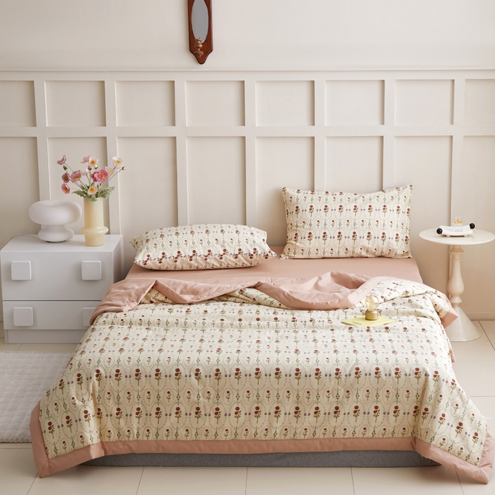 91家纺网 家纺一手货源 找家纺 怡家居 2024新款全棉印花手包边夏被四件套 沁恬