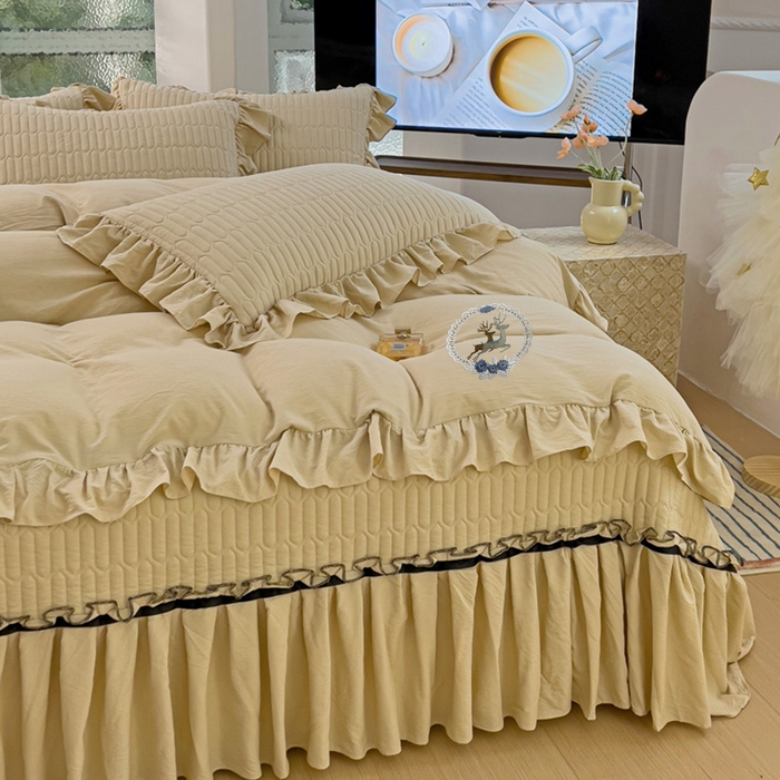 91家纺网 家纺一手货源 找家纺 言熙居家纺 2024新款亲肤床盖四件套-浪漫之约 浪漫之约卡其