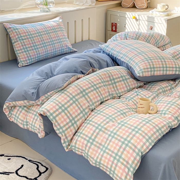 91家纺网 家纺一手货源 找家纺 盛秋家纺 2025新款亲肤格子水洗棉四件套 朵拉+海清