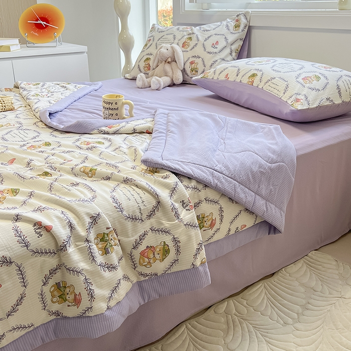 91家纺网 家纺一手货源 找家纺 安哆啦家纺 2024新款A类泡泡棉印花夏被四件套 圈圈熊