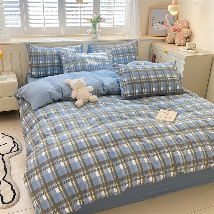 91家纺网 家纺一手货源 找家纺 盛秋家纺 2025新款亲肤格子水洗棉四件套 简约+海清