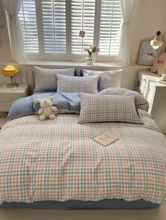91家纺网 家纺一手货源 找家纺 盛秋家纺 2025新款亲肤格子水洗棉四件套 朵拉+海清
