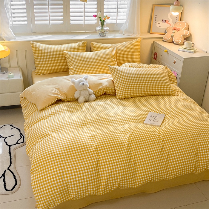 91家纺网 家纺一手货源 找家纺 盛秋家纺 2025新款亲肤格子水洗棉四件套 黄小格+云初黄