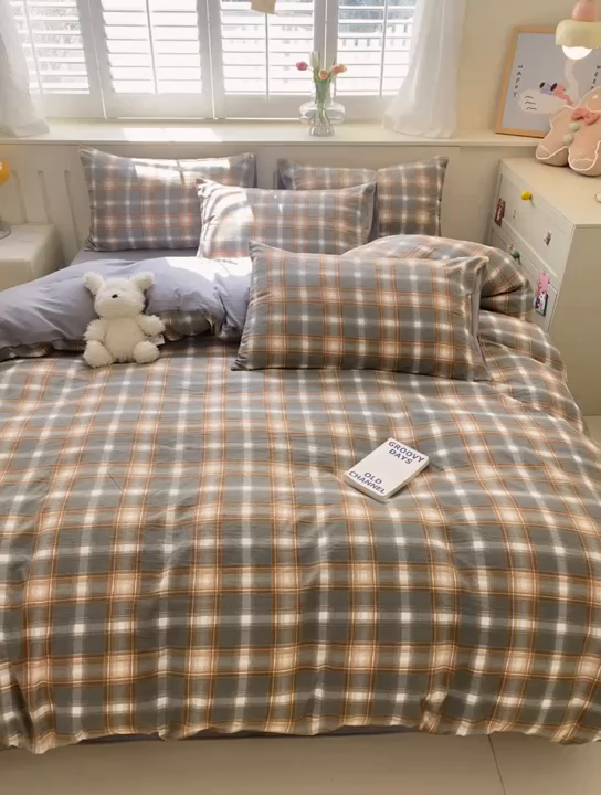 91家纺网 家纺一手货源 找家纺 盛秋家纺 2025新款亲肤格子水洗棉四件套 洛卡+中灰